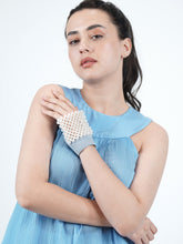 Denim Drapery Pearl Embellisshed Gloves